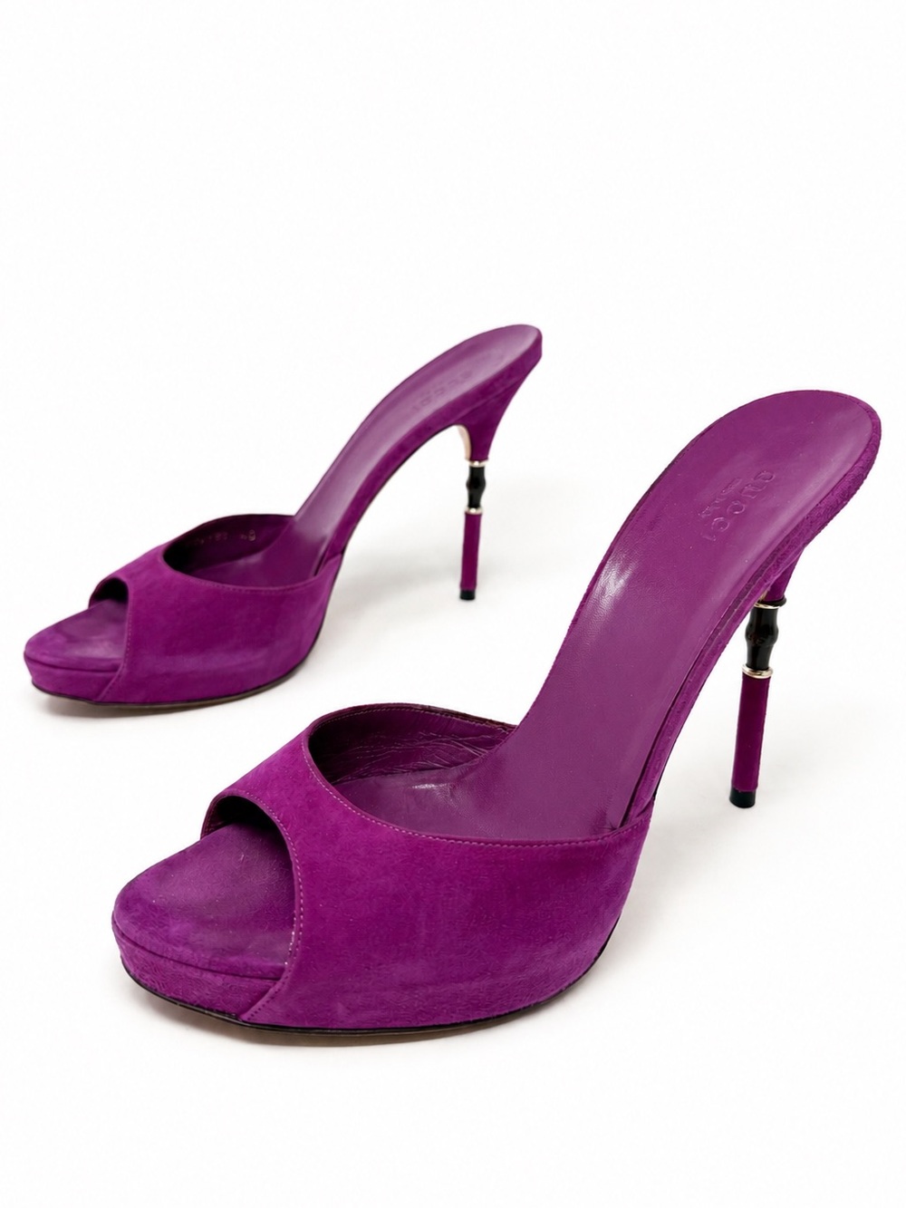 Gucci Bamboo Heel Mule Sandals Purple Suede Womens Size EU 40